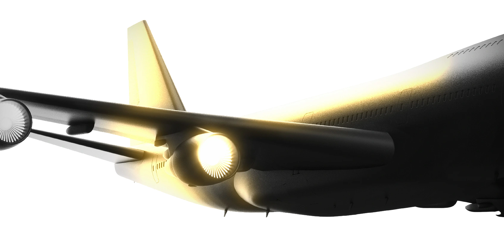 Avião premium sobrevoando nas alturas, iluminado por luz dourada